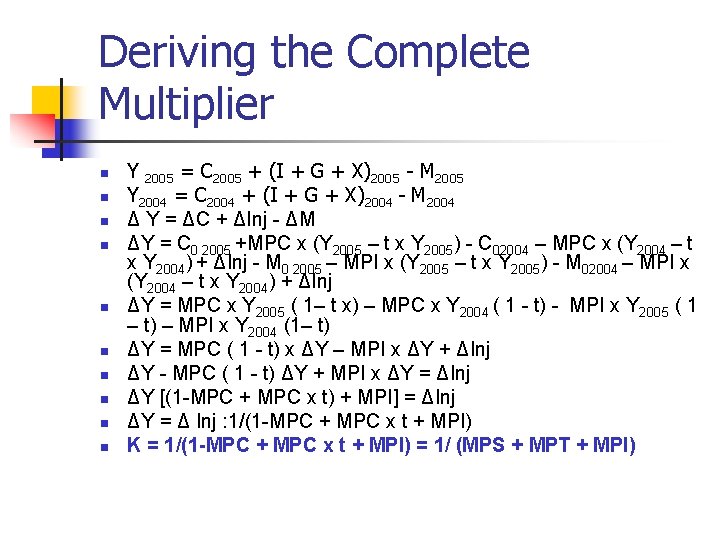 Deriving the Complete Multiplier n n n n n Y 2005 = C 2005