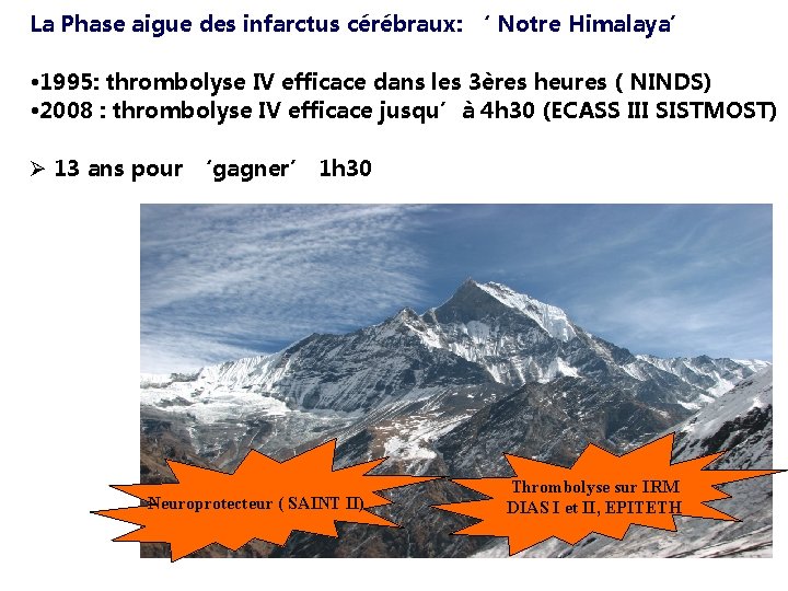 La Phase aigue des infarctus cérébraux: ‘ Notre Himalaya’ • 1995: thrombolyse IV efficace