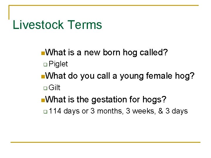 Livestock Terms n. What q Piglet n. What q do you call a young