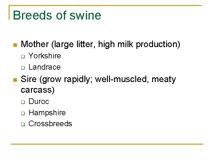 Breeds of swine n Mother (large litter, high milk production) q q n Yorkshire