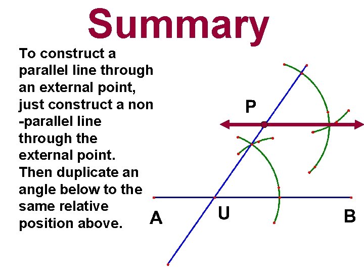Summary To construct a parallel line through an external point, just construct a non