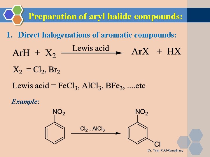 Preparation of aryl halide compounds: 1. Direct halogenations of aromatic compounds: Example: Dr. Talat Preparation of aryl halide compounds: 1. Direct halogenations of aromatic compounds: Example: Dr. Talat