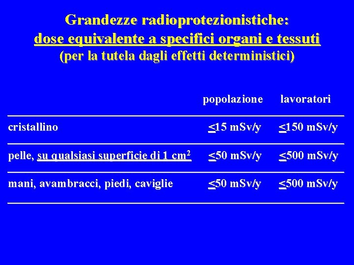 Grandezze radioprotezionistiche: dose equivalente a specifici organi e tessuti (per la tutela dagli effetti
