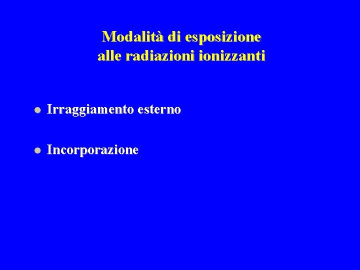 Modalità di esposizione alle radiazionizzanti l Irraggiamento esterno l Incorporazione 