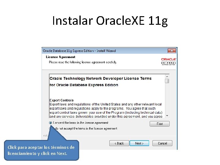 Instalar Oracle. XE 11 g Click para aceptar los términos de licenciamiento y click