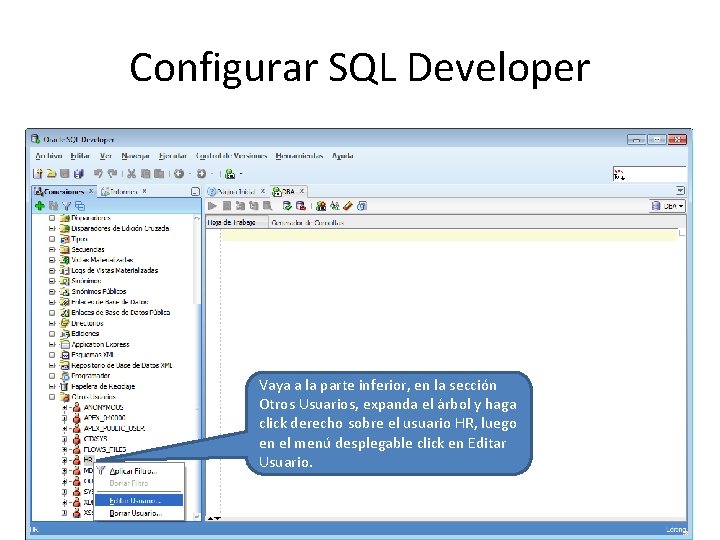 Configurar SQL Developer Vaya a la parte inferior, en la sección Otros Usuarios, expanda