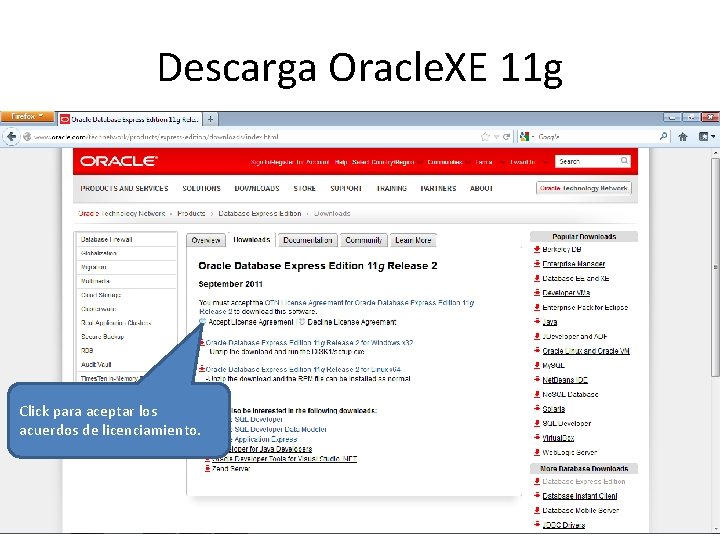 Descarga Oracle. XE 11 g Click para aceptar los acuerdos de licenciamiento. 