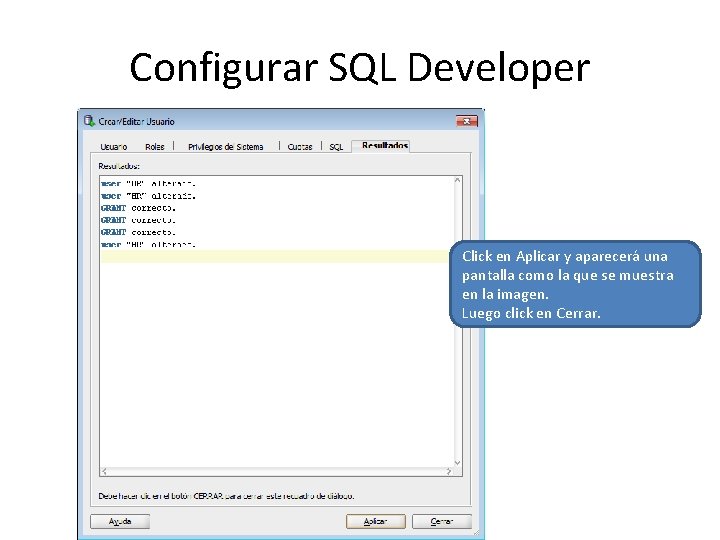 Configurar SQL Developer Click en Aplicar y aparecerá una pantalla como la que se