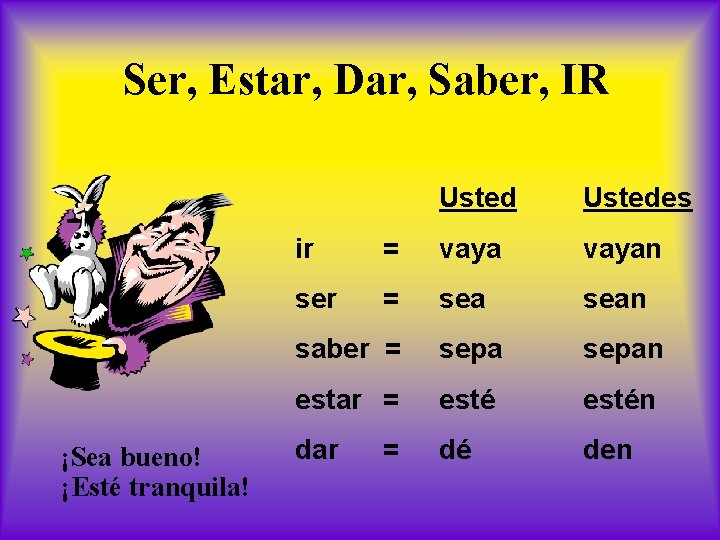 Ser, Estar, Dar, Saber, IR ¡Sea bueno! ¡Esté tranquila! Ustedes ir = vayan ser
