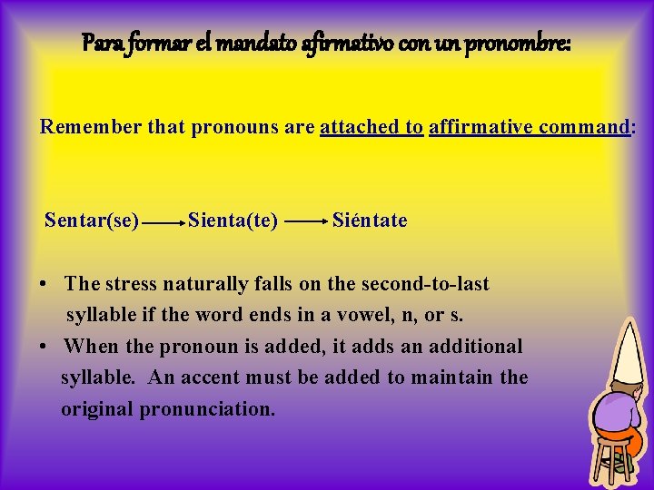 Para formar el mandato afirmativo con un pronombre: Remember that pronouns are attached to