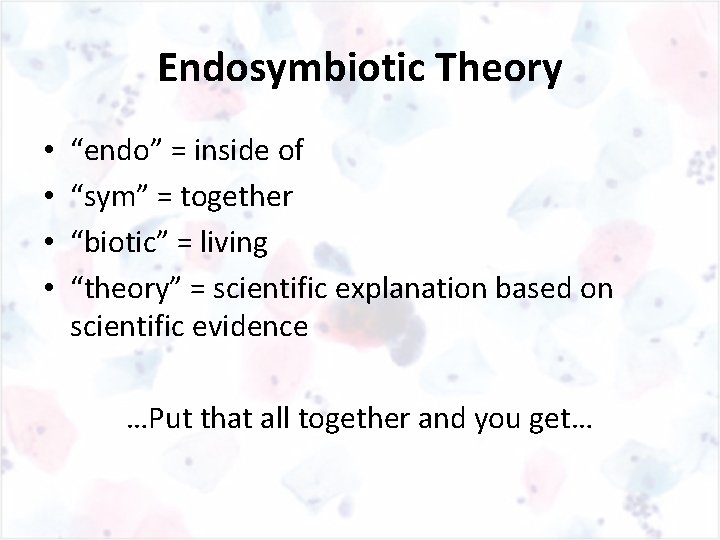 Endosymbiotic Theory • • “endo” = inside of “sym” = together “biotic” = living