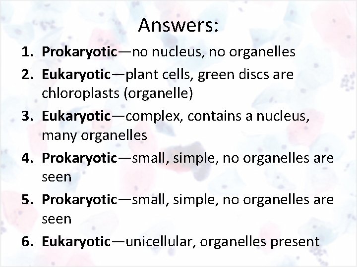 Answers: 1. Prokaryotic—no nucleus, no organelles 2. Eukaryotic—plant cells, green discs are chloroplasts (organelle)