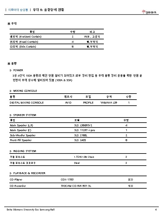 ㅣ 이화여대 삼성홀 ㅣ 무대 & 음향장비 현황 ▣ 무대 품명 수량 비고 배경막