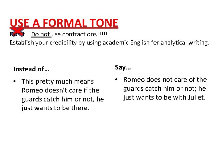 USE A FORMAL TONE Don’t Do not use contractions!!!!! Establish your credibility by using