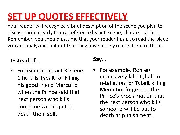 SET UP QUOTES EFFECTIVELY Your reader will recognize a brief description of the scene