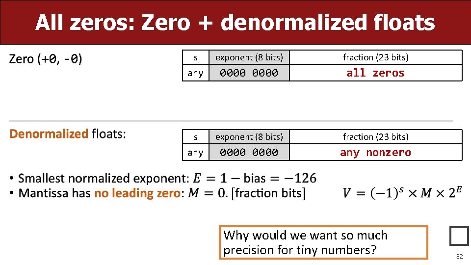 All zeros: Zero + denormalized floats • s exponent (8 bits) fraction (23 bits)