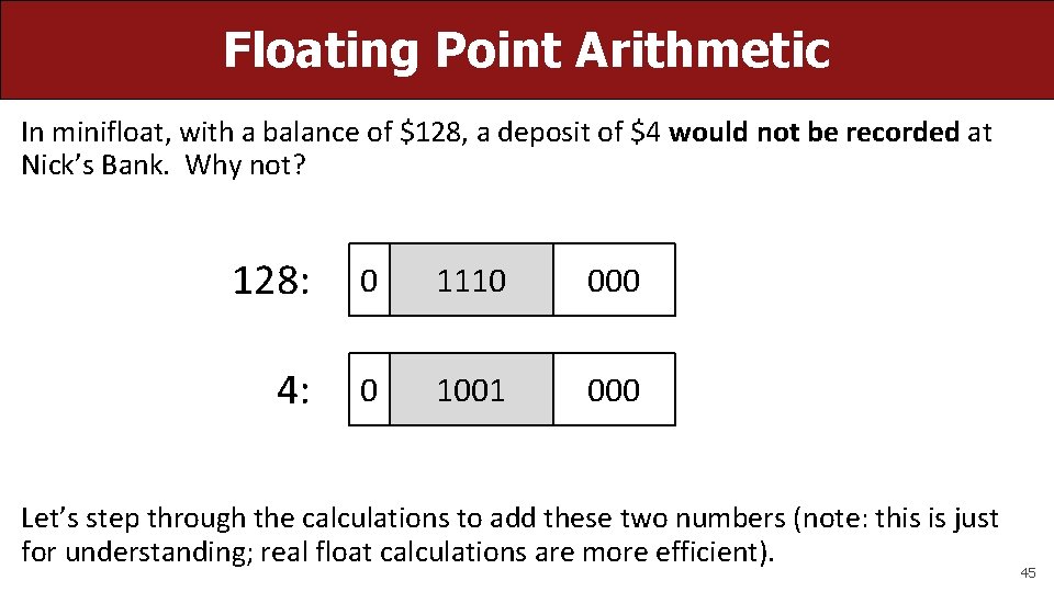 Floating Point Arithmetic In minifloat, with a balance of $128, a deposit of $4