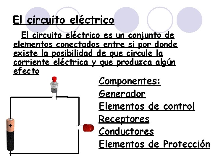 El circuito eléctrico es un conjunto de elementos conectados entre si por donde existe