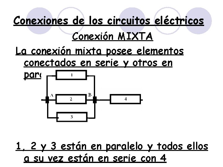 Conexiones de los circuitos eléctricos Conexión MIXTA La conexión mixta posee elementos conectados en