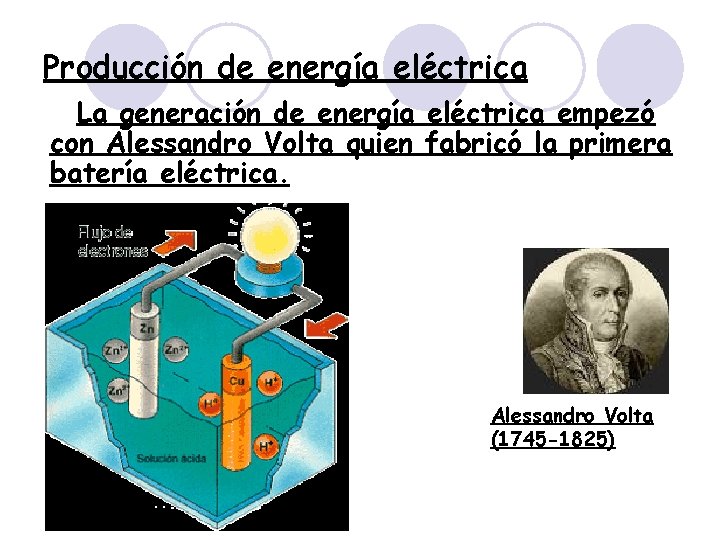 Producción de energía eléctrica La generación de energía eléctrica empezó con Alessandro Volta quien