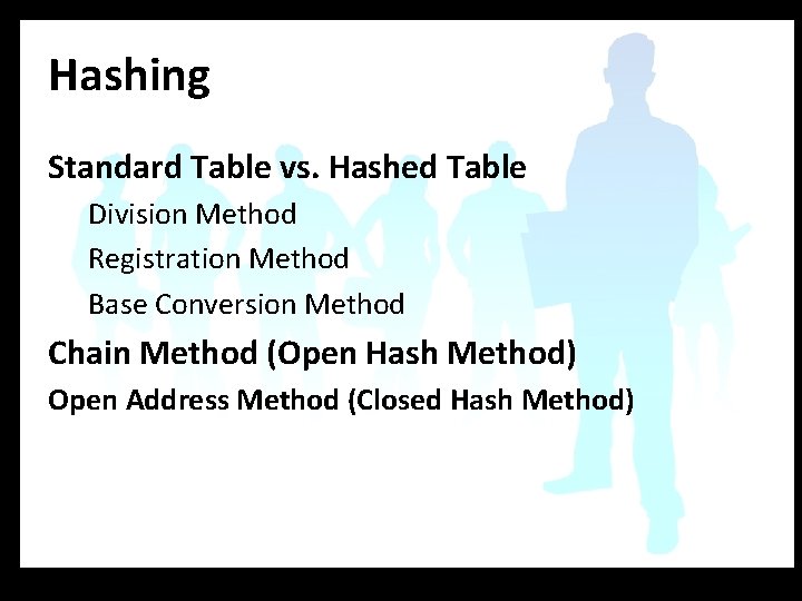 Hashing Standard Table vs. Hashed Table Division Method Registration Method Base Conversion Method Chain