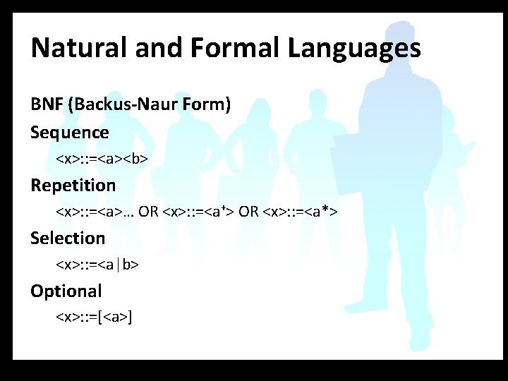 Natural and Formal Languages BNF (Backus-Naur Form) Sequence <x>: : =<a><b> Repetition <x>: :