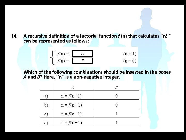 14. A recursive definition of a factorial function f (n) that calculates “n! ”