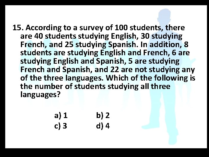 15. According to a survey of 100 students, there are 40 students studying English,