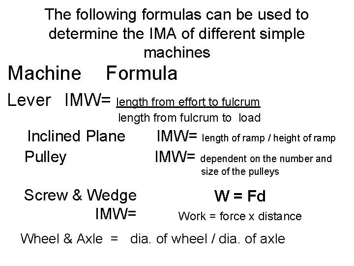 The following formulas can be used to determine the IMA of different simple machines