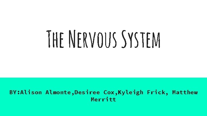 The Nervous System BY: Alison Almonte, Desiree Cox, Kyleigh Frick, Matthew Merritt 