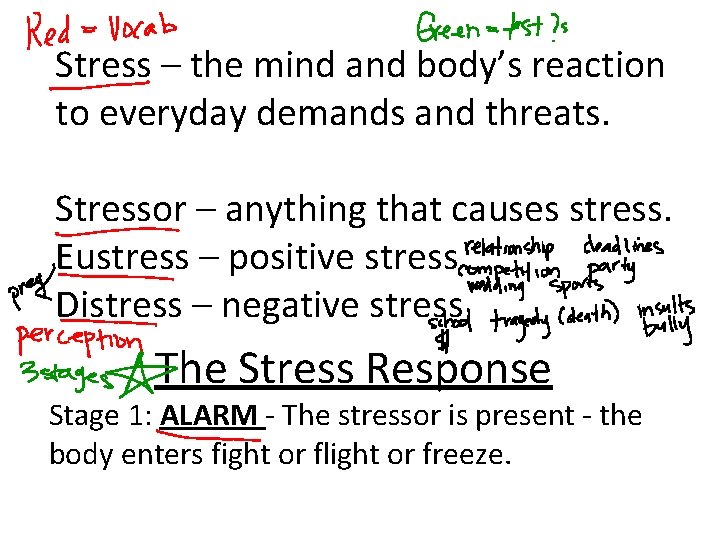 Stress – the mind and body’s reaction to everyday demands and threats. Stressor –