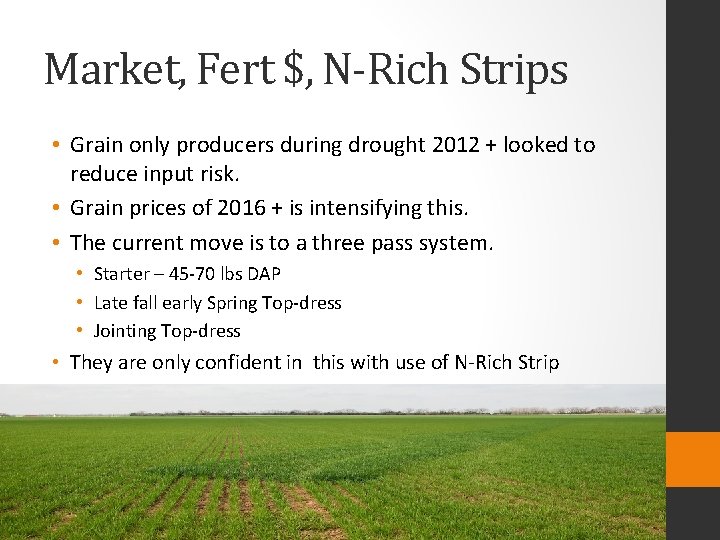 Market, Fert $, N-Rich Strips • Grain only producers during drought 2012 + looked