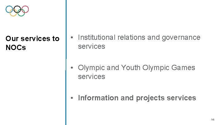 Our services to NOCs • Institutional relations and governance services • Olympic and Youth Our services to NOCs • Institutional relations and governance services • Olympic and Youth