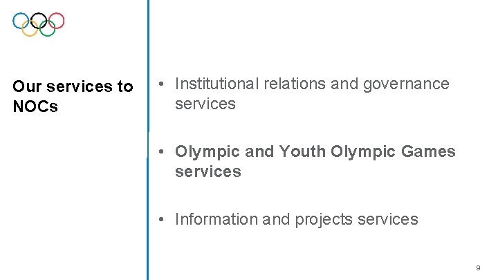 Our services to NOCs • Institutional relations and governance services • Olympic and Youth Our services to NOCs • Institutional relations and governance services • Olympic and Youth