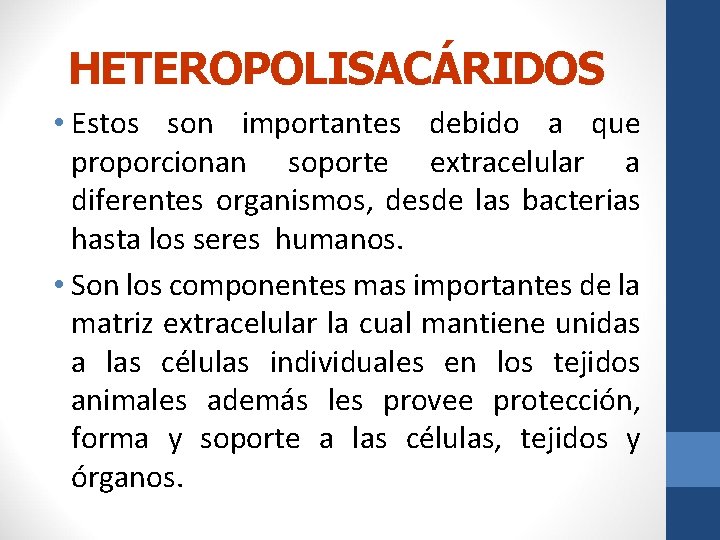 HETEROPOLISACÁRIDOS • Estos son importantes debido a que proporcionan soporte extracelular a diferentes organismos,