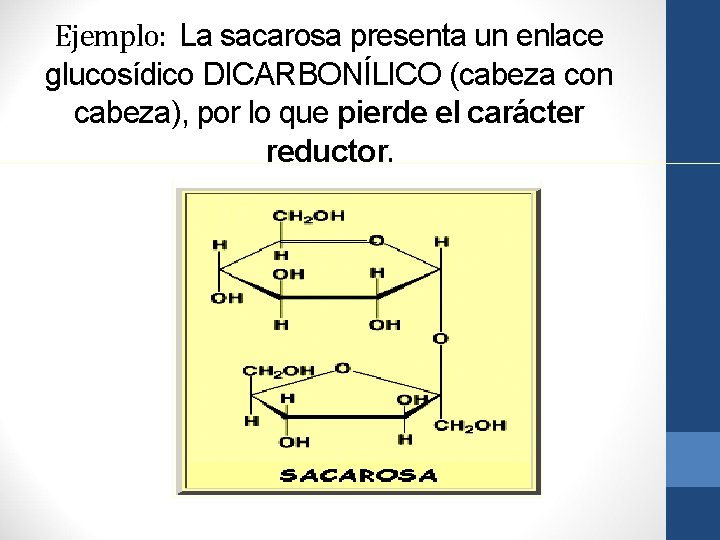 Ejemplo: La sacarosa presenta un enlace glucosídico DICARBONÍLICO (cabeza con cabeza), por lo que