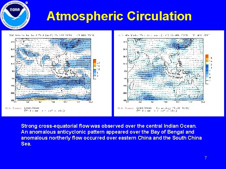Atmospheric Circulation Strong cross-equatorial flow was observed over the central Indian Ocean. An anomalous