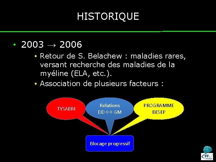 HISTORIQUE • 2003 → 2006 • Retour de S. Belachew : maladies rares, versant