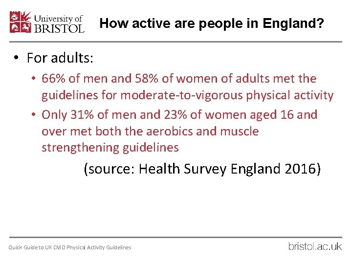 How active are people in England? • For adults: • 66% of men and