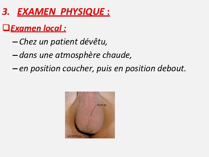 3. EXAMEN PHYSIQUE : q. Examen local : – Chez un patient dévêtu, –