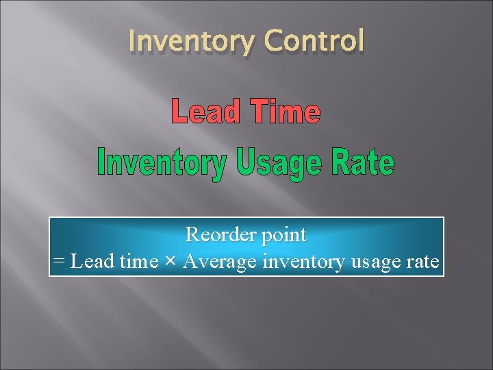 Inventory Control Reorder point = Lead time × Average inventory usage rate 