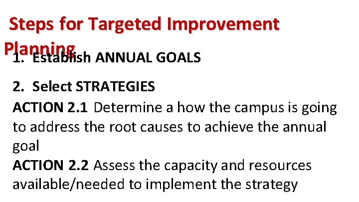 Steps for Targeted Improvement Planning 1. Establish ANNUAL GOALS 2. Select STRATEGIES ACTION 2.