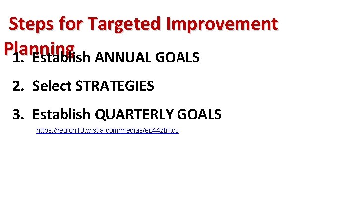 Steps for Targeted Improvement Planning 1. Establish ANNUAL GOALS 2. Select STRATEGIES 3. Establish
