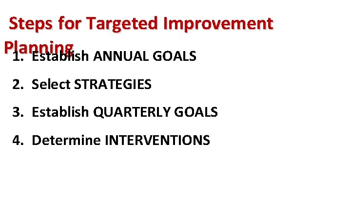 Steps for Targeted Improvement Planning 1. Establish ANNUAL GOALS 2. Select STRATEGIES 3. Establish