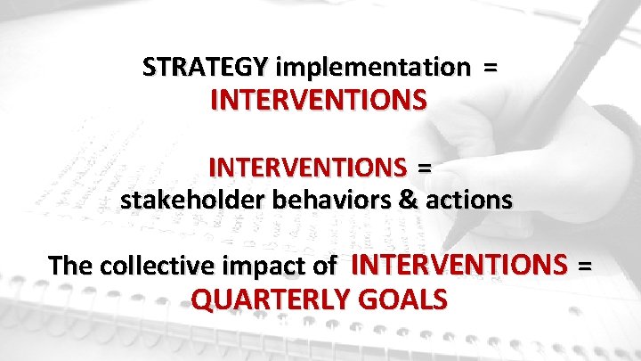 STRATEGY implementation = INTERVENTIONS = stakeholder behaviors & actions The collective impact of INTERVENTIONS