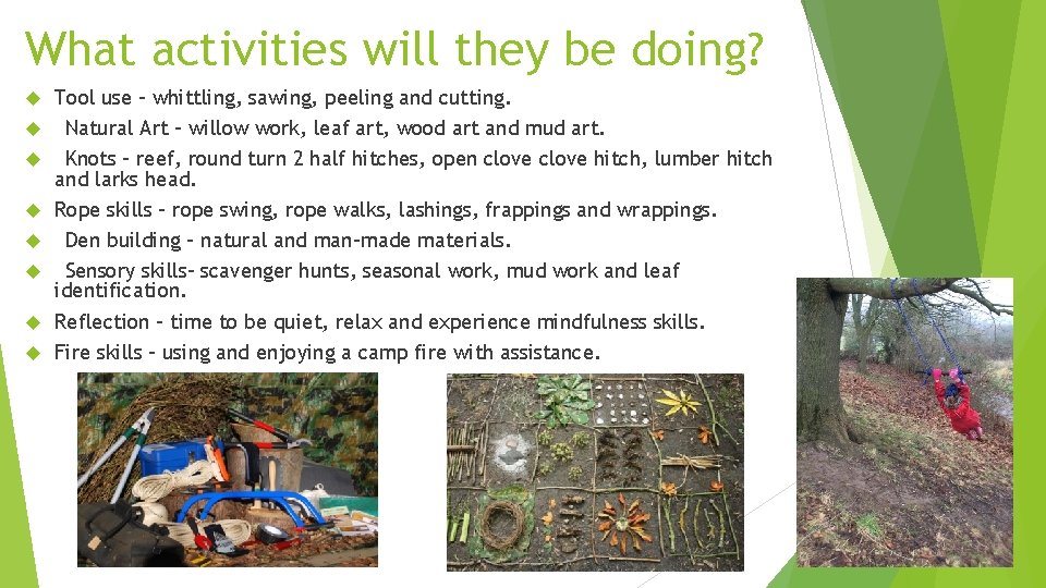 What activities will they be doing? Tool use - whittling, sawing, peeling and cutting.