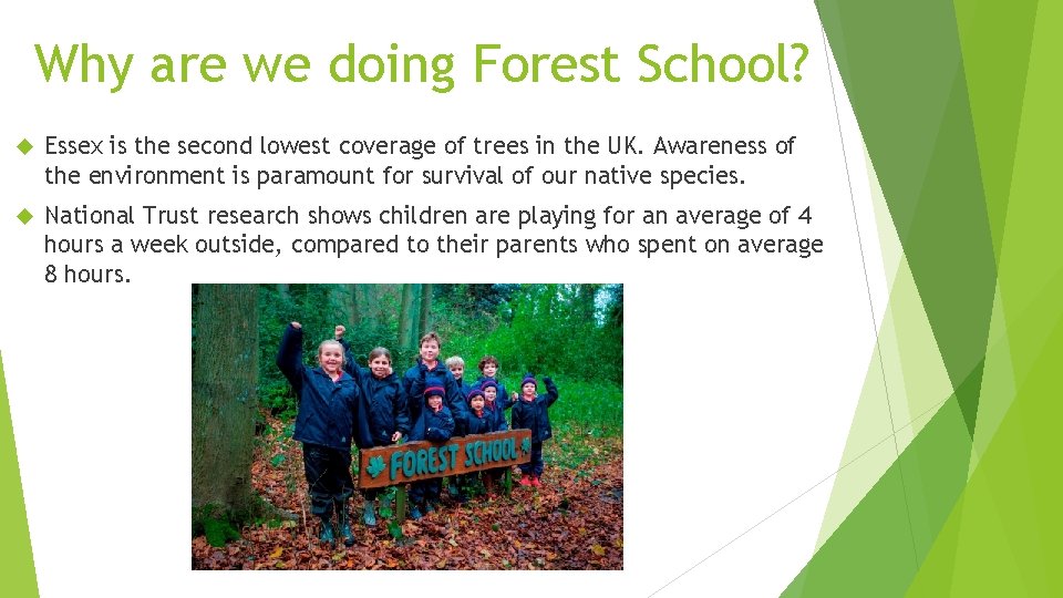 Why are we doing Forest School? Essex is the second lowest coverage of trees