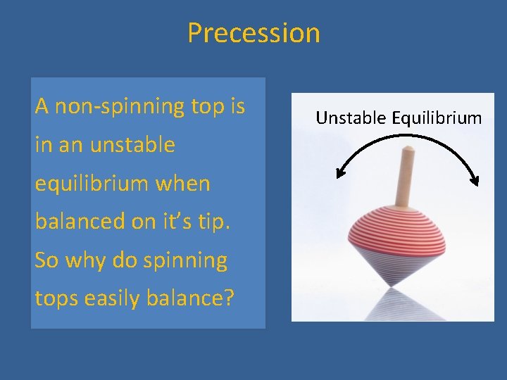 Precession A non-spinning top is in an unstable equilibrium when balanced on it’s tip.