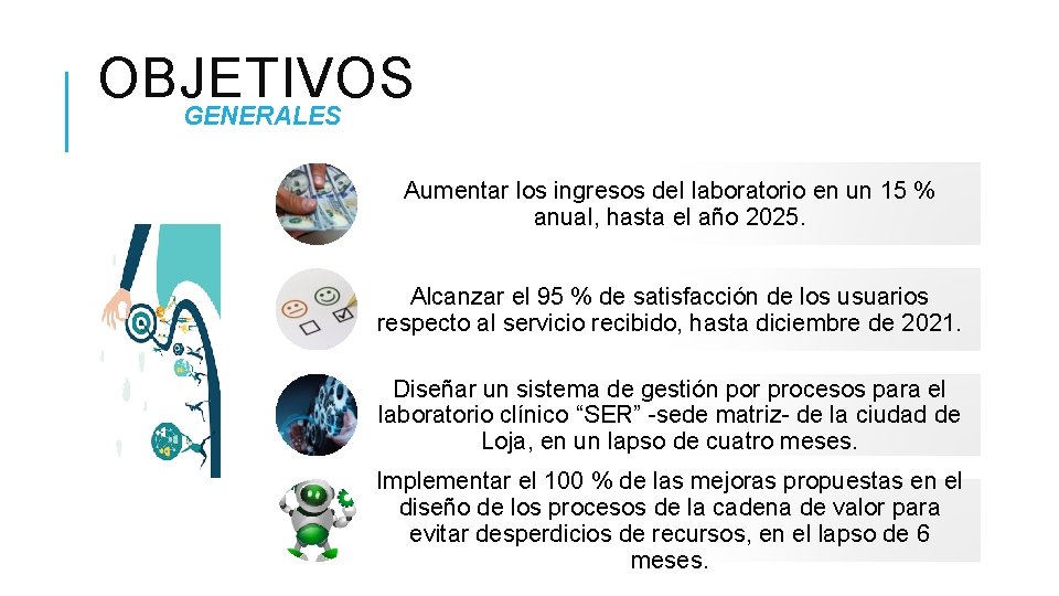 OBJETIVOS GENERALES Aumentar los ingresos del laboratorio en un 15 % anual, hasta el