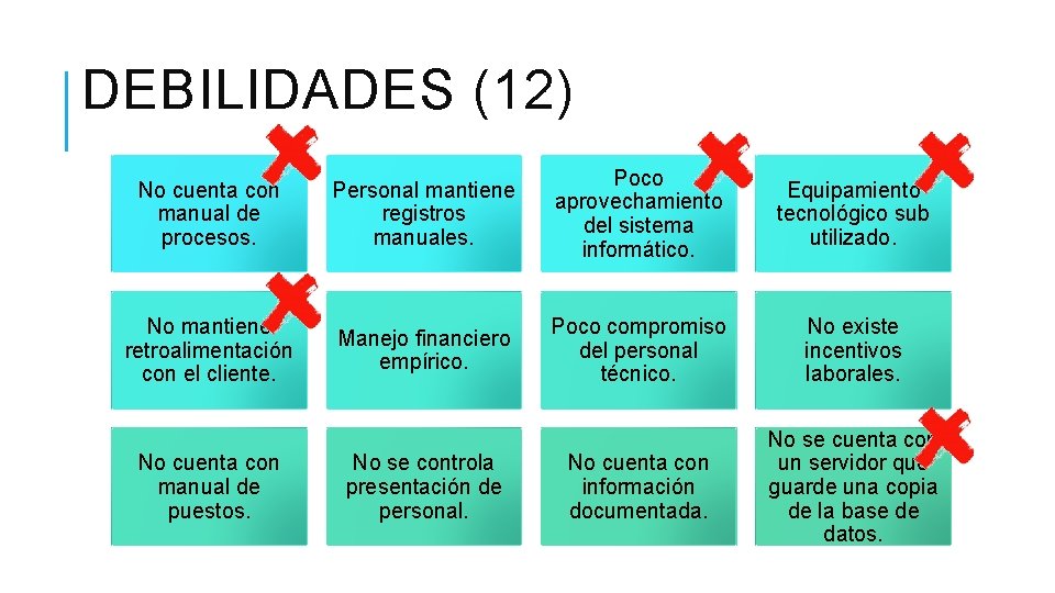 DEBILIDADES (12) No cuenta con manual de procesos. Personal mantiene registros manuales. Poco aprovechamiento